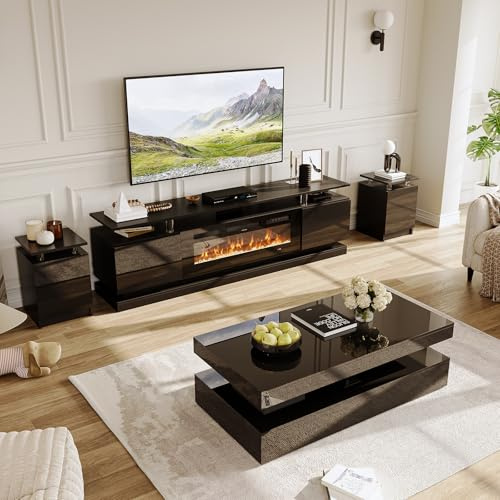 Nordivale 4-Piece Modern Living Room Table Set, Includes High Gloss 70 Fireplace TV Stand, LED Coffee Table and End Tables Set of 2 with Storage Drawers, Black