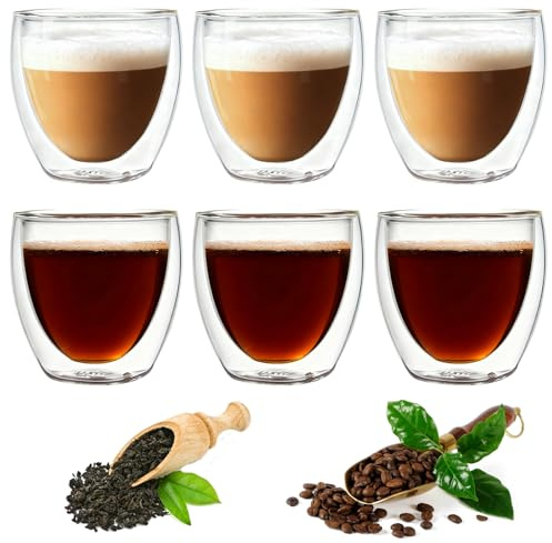 aquota Bicchierini Caffè Vetro 6 Pcs Tazzine Caffè Vetro 100ml Set Lavabili Trasparenti Bicchieri per per Cappuccino Strato Latte, Tè, Macchiato, Whiskey (100ml)