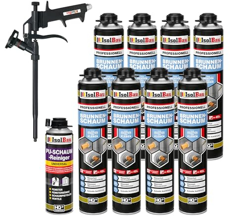 Isolbau Mousse de construction monocomposant étanche pour fontaine - Pour l'extérieur et l'intérieur - 8 mousses de montage de 750 ml - 1 nettoyant pour mousse de polyuréthane et 1 pistolet à mousse