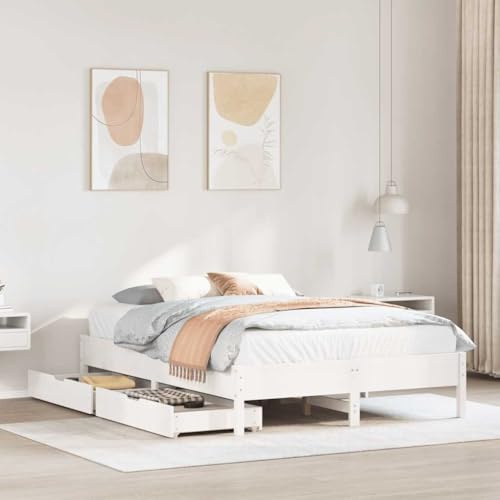 QZZCED Bettgestell aus Kiefernholz mit Lattenrost und Schubladen mit Rollen, Bett mit Massivholzsockel und zwei Schubladen für Kleidung und Kleidung
