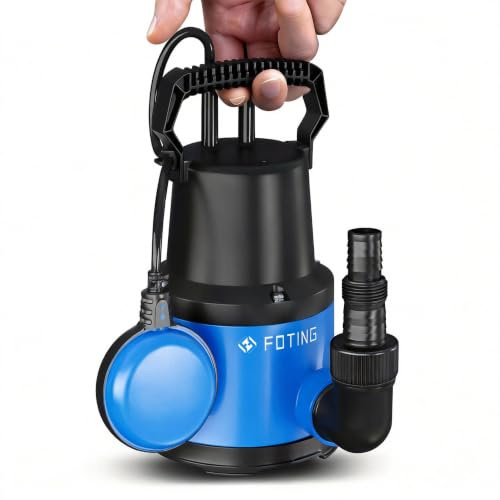 FOTING Pompe d’évacuation, Moteur 400W, Débit 8 000 L/h, Hauteur de refoulement max : 8 m, Profondeur d’immersion max : 7 m, Taille particules max : 5 mm