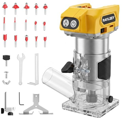 Brushless Cordless Palm Router Trimmer for Dewalt 18V Battery (Not Included Battery), 800W Wood Router for Woodworking, 5 Variable Speeds, 15pcs Router Bits, Dust Hood