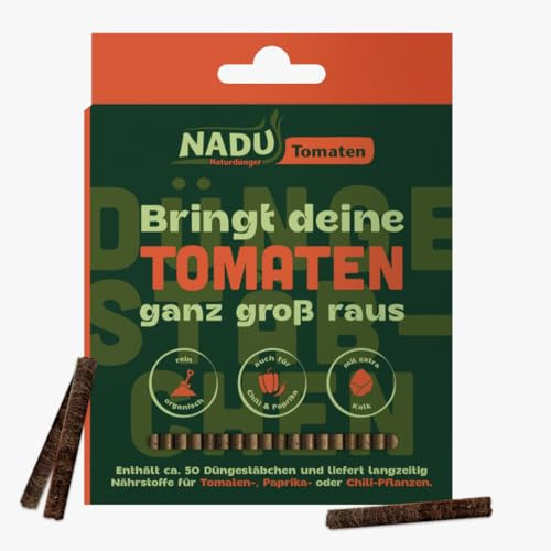 NADU organischer Tomatendünger mit Kalk – 100% natürlich, Langzeitwirkung, für Tomaten, Chilis, Paprikas, für geschmacksintensive Früchte, haustierfreundlich, Made in Germany (100g, Düngestäbchen)