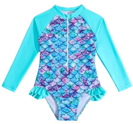Generisch Maillot de bain à manches longues pour bébé avec bonnet de protection - Séchage rapide - Tenue de plage - Pantalon en néoprène, Vert menthe., 6-7 ans