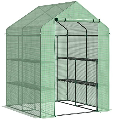 Outsunny Walk-in Small Greenhouse with Shelves, Outdoor Green House Grow House with Waterproof PE Cover and Roll-up Door, 143x143x195cm, Green