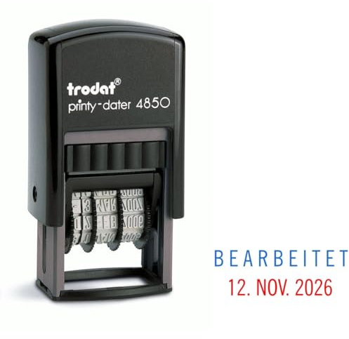 Trodat Printy Dater 4850 Datumstempel mit 2farbigem Kissen blau/rot + Wunschtext, Stempeltext:B E A R B E I T E T