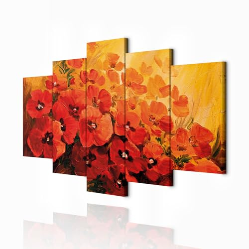 decomonkey Wandbilder Blumen Mohnblumen 200x100 cm XXL 5 Teilig Kunstdruck | Leinwandbilder, Bild auf Leinwand, Wanddeko, Wohnzimmer, Wanddekoration, Abstrakt, rot, orange