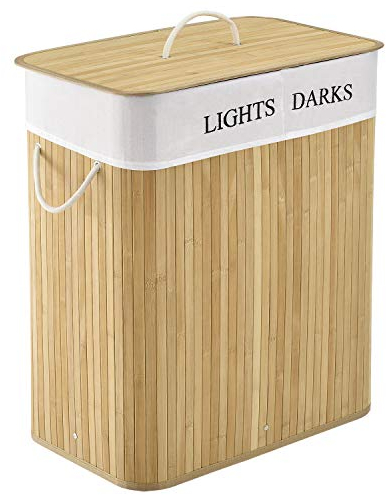 Juskys Bambus Wäschekorb Curly Natur 100L - Hygienischer Wäschekorb mit Deckel, Tragegriff & Wäschesack - 2 Fächer - Natürliche Bambus Optik