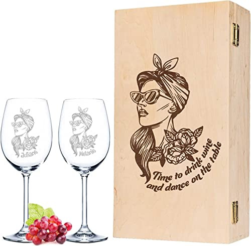 Leonardo - Juego de copas de vino con diseño Rockabilly Girl, personalizadas con nombre, en juego de regalo con caja de madera grabada, regalos para despedida de soltera