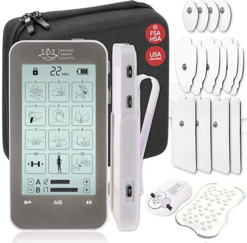 Massage Therapy Concepts Deluxe TENS Unit Muscle Stimulator & Accessories - Rechargeable EMS Machine for Neck & Back Pain Relief, Sciatica - Electrotherapy with 12 Modes & 20 Intensity Levels