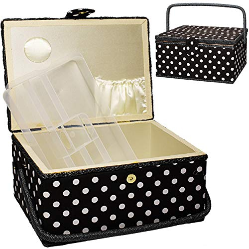alles-meine.de GmbH großer XL Nähkorb - mit Fächer - Einsatz und Nadelkissen - Punkte schwarz weiß - Nähkästchen Nähkasten - bunt Handarbeitskorb für Frauen und Kinder - gepunkte..