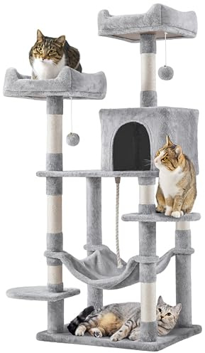 Yaheetech 150 cm Large Cat Tree with 7 Sisal Scratching Posts, Light Grey | Cat Tower for Indoor Cats, Multi-Level, Condo, 2 Plush Perches, Hammock, 60 x 48.5cm Base, FSC-certified