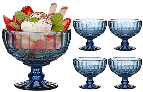 Dibor Set of 4 Glass Dessert Bowls Blue Baroque Embossed Footed Dishes | Dishwasher Safe, Glassware Set, Bevelled, Alfresco Dining, Tableware
