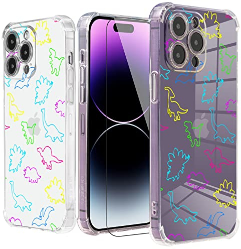 Rainbow Dino Schutzhülle für iPhone 13 Pro mit Displayschutzfolie, für iPhone 13 Pro Hülle, Dinosaurier, Neon-Design, TPU, weiche Stoßfänger, Schutzhülle für iPhone 13 Pro 15.5 cm (6.1 Zoll)