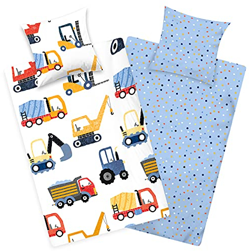 Aminata kids - Bagger Bettwäsche Jungen 135x200 - Baustelle-Motiv Baumwolle - mit Reißverschluss - Wende Teenager-Kinder-Bettwäsche-Set mit Baufahrzeugen