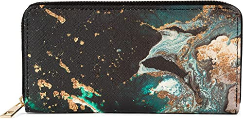 styleBREAKER Damen Geldbörse mit Marmor Muster, Reißverschluss, Portemonnaie 02040152, Farbe:Schwarz-Petrol-Weiß