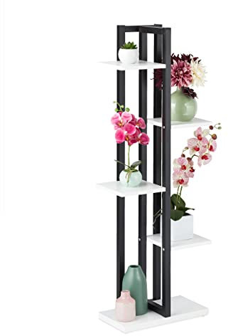 Relaxdays Pflanzenregal, Blumentreppe mit 5 Ablagen, HBT 117 x 43 x 22 cm, Stahl u. MDF, Blumenregal innen, schwarz-weiß