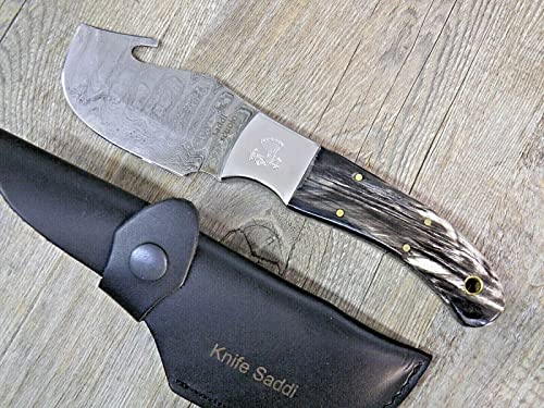 KNIFE COLTELLO 22,5 CM SCUOIO DAMASCO MANICO CORNO DI BUFALO scuoiatore art 1 cinghiale