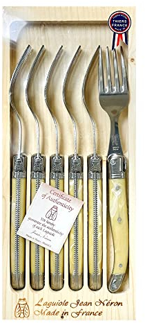 Jean Neron Laguiole Set of 6 Table Forks in Wooden Box | Made in France Stainless Steel | ABS (Thermoplastic) Handle (White Horn) (10101)