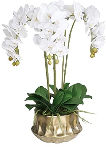 HRTC Große künstliche Orchideen, dekorative künstliche Blumen für Zuhause, Wohnzimmer, Hochzeit, künstliche Phalaenopsis-Blumen mit Goldener Vase