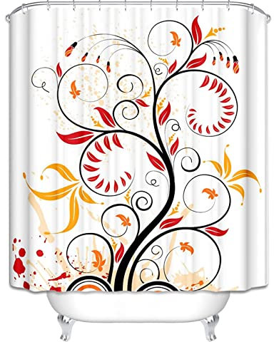 EHOMERY Duschvorhang Stoff Wasserdicht Duschrollo Ohne Bohren Badewanne Reben Duschvorhangng Badewanne Vorhang Gross Polyester Weiß Rostfreie Ösen Und 12 Hakenringe, 180X200Cm