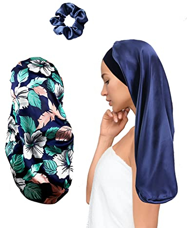 MUFEKUM 3 Stück Satin-Nachtmüse zum Schlafen mit Breitem Band - Große Weiche Elastische Seide für Frauen und Mädchen (Blau)