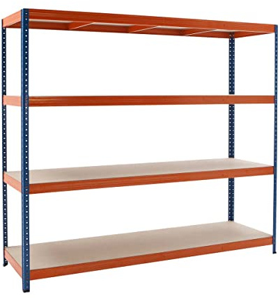 BiGDUG Essentials Industrial Shelving Unit - 4 Tier Racking Shelving - 178cm High Steel Shelving - 300kg UDL Per Shelf - Blue & Orange (178h x 180w x 45d cm)