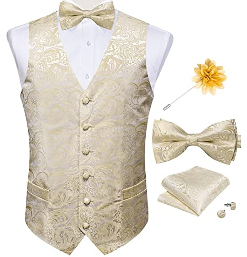 DiBanGu Herren-Paisley-Anzugweste, Seidenkleid, Weste und Fliege, Einstecktuch, Manschettenknöpfe mit Anstecknadel, Set für Hochzeits-Smoking, Goldfarbenes Champagner-Paisleymuster, Small