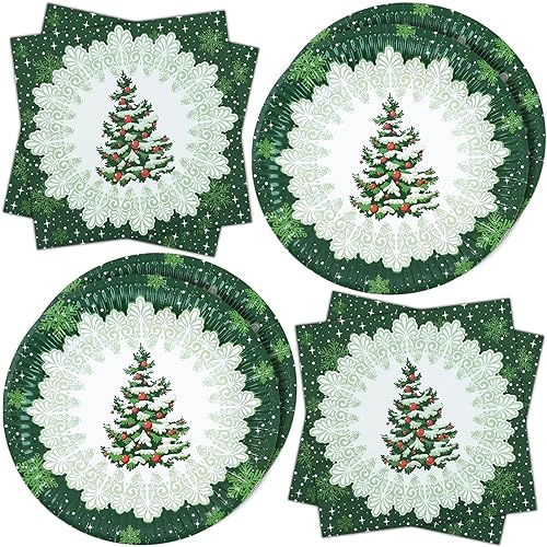 ZVK Pappteller Weihnachten Party Papierservietten Vintage-Weihnachtsbaum 40 Stück Grün Partygeschirr Set Tischdekoration, Weihnachtsfeier Geschirrdekoration