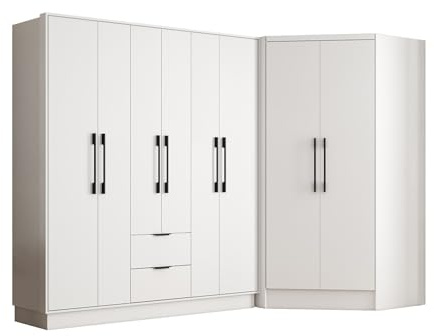 Vente-unique - Armadio angolare 8 ante e 2 cassetti L263 cm Bianco - FEOVA