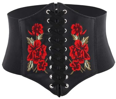 Urieo Embroidered Rose Corset Belt Black Lace-up Waist Cincher Belt Renaissance Underbust Halloween Dresses Wide Elastic Waspie Belts for Women