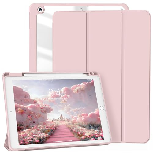 ZKTUYU Hülle für iPad 9./8./7. Generation 2021/2020/2019 10,2 Zoll | Stoßfeste Schutzhülle mit Stifthalter, Transparente Hart PC Rückseite, Auto Schlafen/Wachen, Rosa