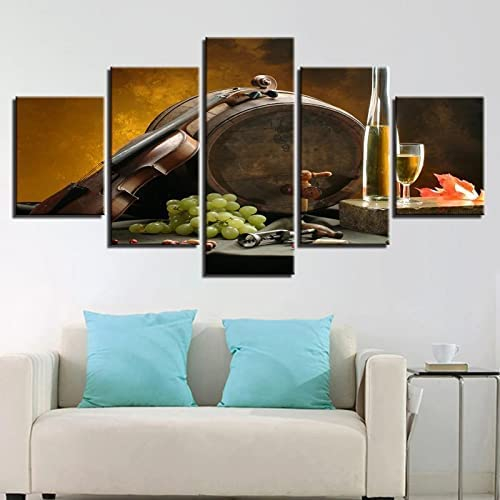 Leinwand Bilder Weinfass Geige Trauben 100×55 Cm Leinwandbild, Auf Leinwand Gedrucktes Kunstwerk 5-Teilig, Foto Auf Leinwand Für Wanddekoration Design Wohnzimmer Wohnkultur -8P8I+Z4M
