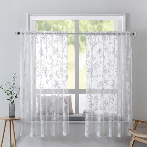 Scheibengardine Bistrogardine Weiß Halbtransparente Vorhänge, 2er Set Bistrogardine Voile Transparent Kurzstores Voile Gardine Mit Schlaufen, Privatsphäre Fenstervorhang Deko (Stil D, 65Bx90H(CM))