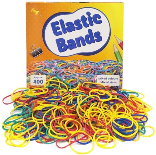 Elastic Bands - Pack of 400 - Thick Assorted Sizes - Mixed Colours - Perfect for Home Office School Arts & Crafts