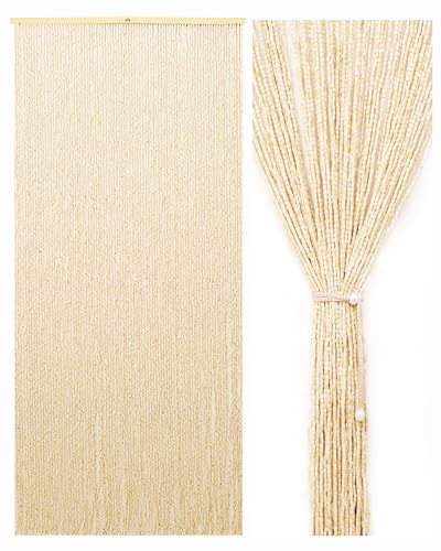 Ezcasch 90x200cm Holz Perlenvorhang - 90 Stränge Beige Retro Holzperlenvorhang - Handarbeit Natur Türvorhang Fadenvorhang als Insektenschutz Fliegenschutz für Schlafzimmer Wohnwagen Camping