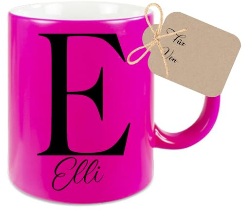 Manufaktur Liebevoll Tasse Personalisiert Buchstaben Tasse Personalisierte Tasse mit Namen Namenstasse in Neon Pink Keramik Pinke Tasse (Buchstabe + Name, Pink)
