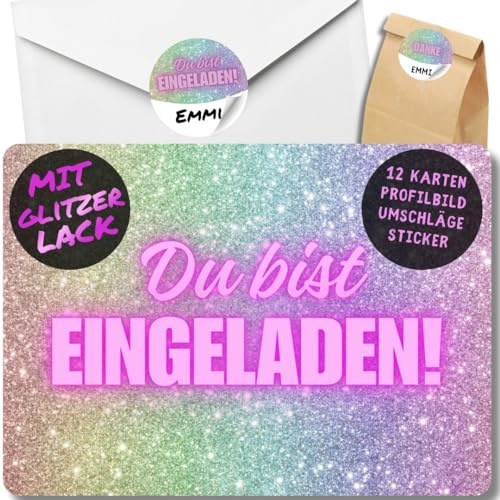 celebr8te 12x Glitzer Party Einladungskarten - Für den Kindergeburtstag von Mädchen - coole Glitzer Geburtstagseinladungen +12 Umschläge +24 Sticker +12 Geschenktüten