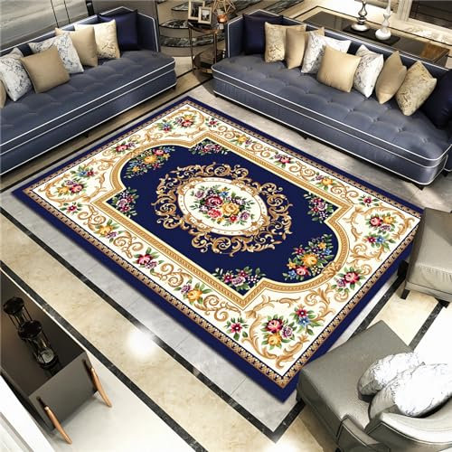 Tzvpsu Tisch Dekoration Blau Gelb Weiß Retro Floral Design Waschbar Strapazierfähig Teppich,läufer küche Teppich waschbar 80x160cm