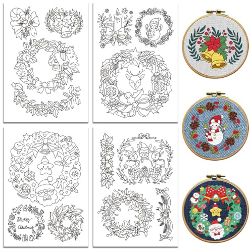 Peacoblue Stickmuster Set,Weihnachtsblumenkranzn Wasserlösliche Vorlage | 4 Blatt Stickvorlagen mit 14 Stück, Aufbügelbare Stickhilfe zum Abwaschen für Handstickerei Anfänger und Kreative