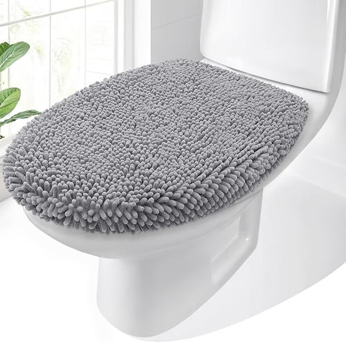 OLANLY Soft Chenille Bathroom Toilet Lid Cover, Machine Washable Seat Covers, 17.5x15, Stays in Place Rubber Backing, Fits Most Round, Elongated and Oblong Lids, Accessories Decor, Gray