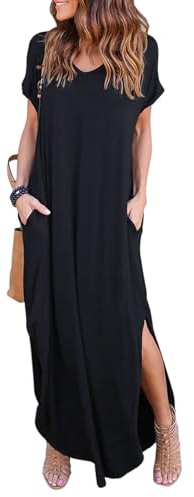 AOWVUTS Abito Donna Estivo Vestiti Casual Scollo a V Manica Corta T-Shirt Vestito Lungo Tinta Unita Abiti Estivi Allentato con Tasche Estiti Casual da Donna