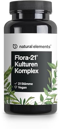 natural elements Flora 21® Kulturen Komplex – 21 Bakterienstämme + Bio Inulin – 60 magensaftresistente Kapseln – Laborgeprüft, vegan, hochdosiert und in Deutschland produziert