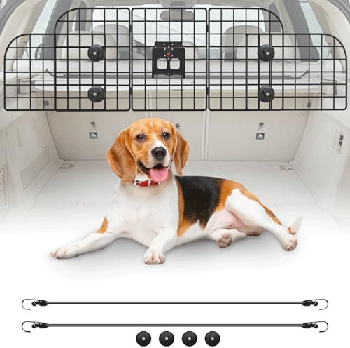 Denmay Hundegitter Auto, Universal Autoschutzgitter Trenngitter 30.7 x 93-150CM verstellbare Breite, Kopfstütze Kofferraum Autogitter mit Zuführtür, 2X Sicherheitsgurt für Hunde, Schwarz