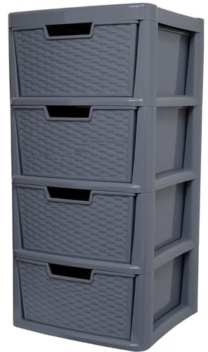 ALEEZ - Large Plastic Drawer Storage Unit - Rattan Effect 4 Drawer Cabinet - Multipurpose Storage Organiser - Office, Tabletop Desktop Drawer - Bedroom Chest Drawer Unit - (Grey, 4 Drawer)