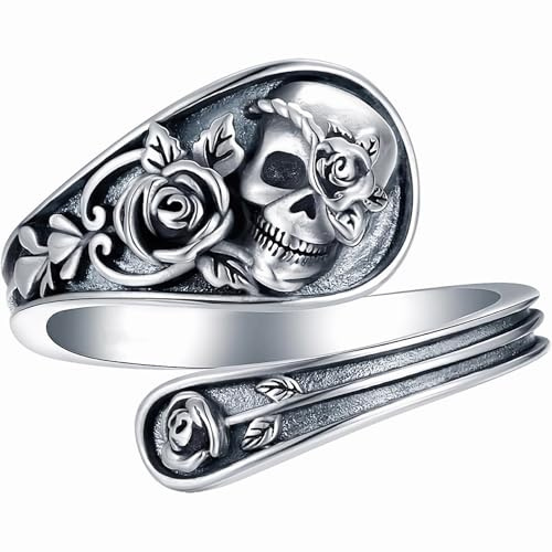 Dishowme Anillo de esqueleto de calavera con cruz de la parca, anillo de nudillos y rosas, anillo de articulación de dedo punk, joyería ajustable para mujeres y hombres, Metal, Sin piedras preciosas