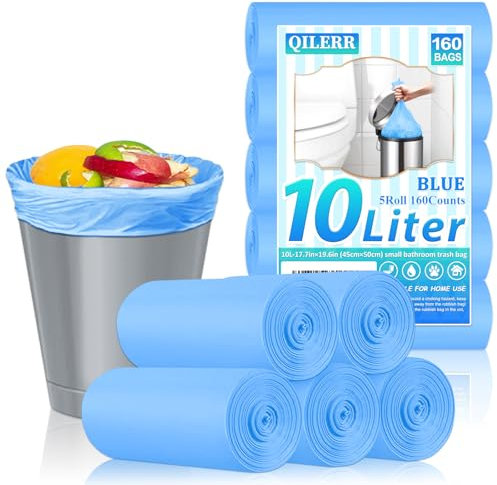 QILERR Sacchetti per la spazzatura piccoli, 160 pezzi, 10 litri, spessi, sacchetti per rifiuti a pedale, resistenti, per bagno, WC, camera da letto, ufficio, scrivania, adatti per 10-12 litri, blu