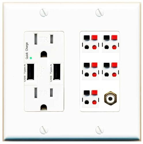 RiteAV Placa de pared para altavoz de 5 puertos con 1 RCA para subwoofer, cargador USB [blanco]