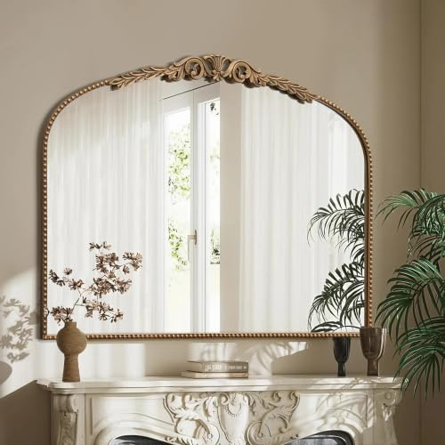 Besdomus Gold Large Arched Mirror: 102x74cm French Vintage Dresser Mirror | Traditional Ornate Antique for Bedroom/Fireplace/Entryway/Living Room - Ideal for Home Interior Upgrade
