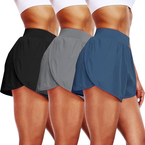 CADMUS 2 in 1 Women's Workout Shorts Athletic Gym Running Shorts with Compression Liner Brief,3 Pack, Black & Light Grey & Navy Blue, X-Large